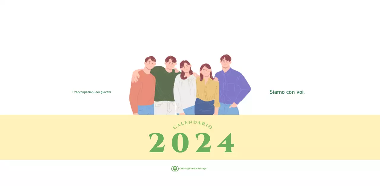 Calendario con illustrazioni giovanili su sfondo giallo-verde