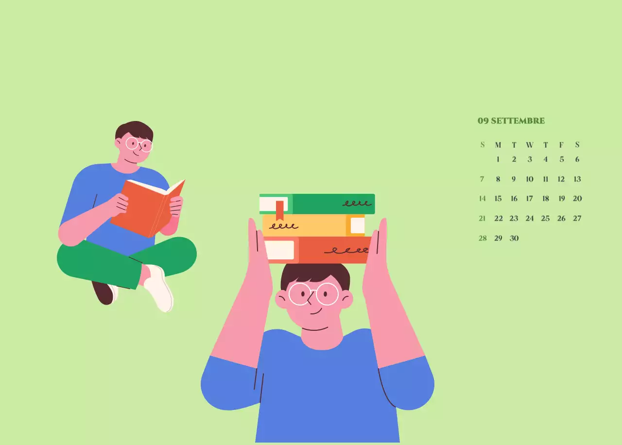Calendario con illustrazioni giovanili su sfondo giallo-verde