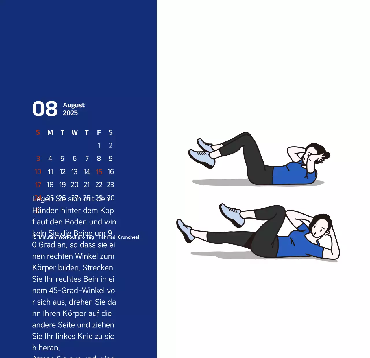 Einfacher Kalender mit blauen, klaren Illustrationen
