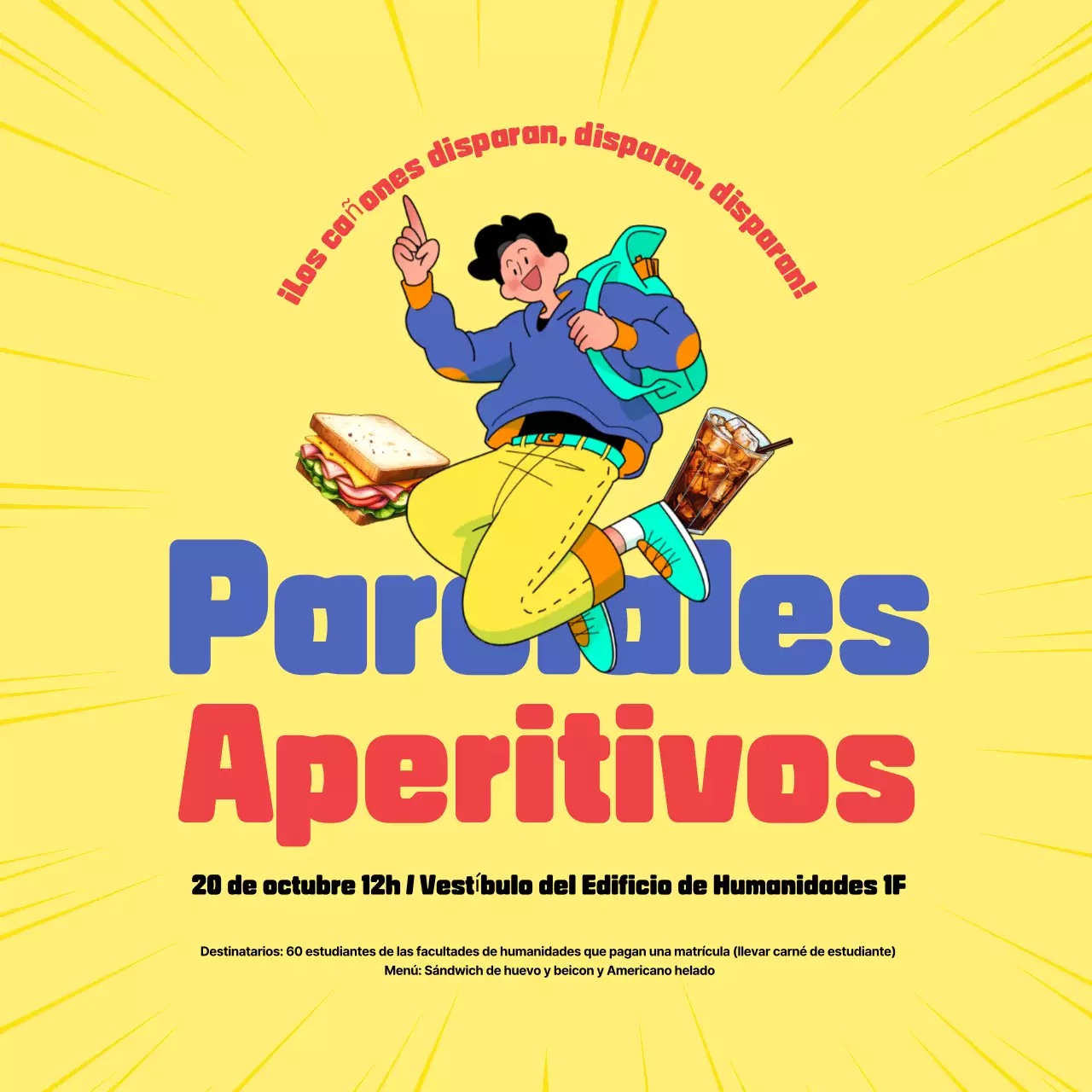 Aperitivos con acentos amarillos y rojos para promocionar eventos