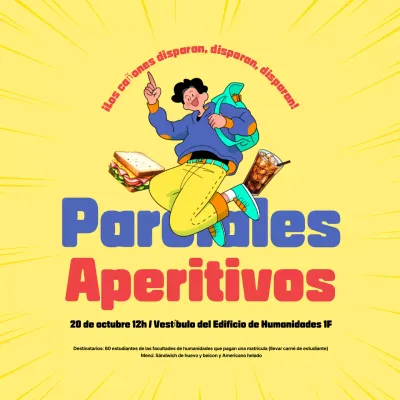 Aperitivos con acentos amarillos y rojos para promocionar eventos