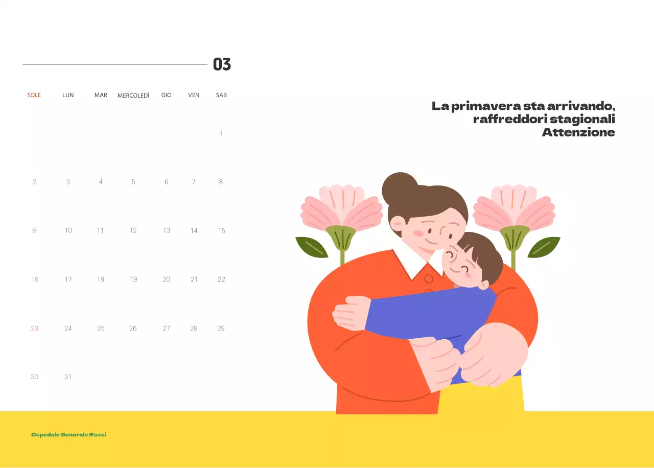 Un ospedale festivo con illustrazioni a tema salute e famiglia e accenti colorati