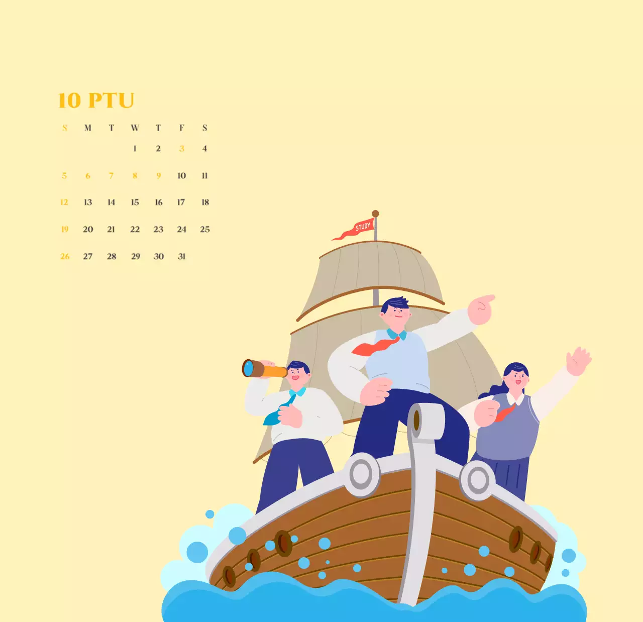 Calendario con ilustraciones juveniles sobre fondo amarillo verdoso