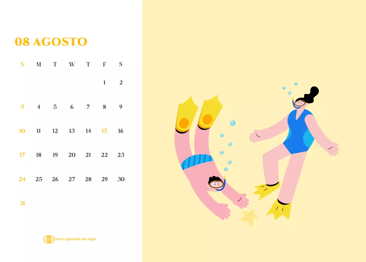 Calendario con illustrazioni giovanili su sfondo giallo-verde