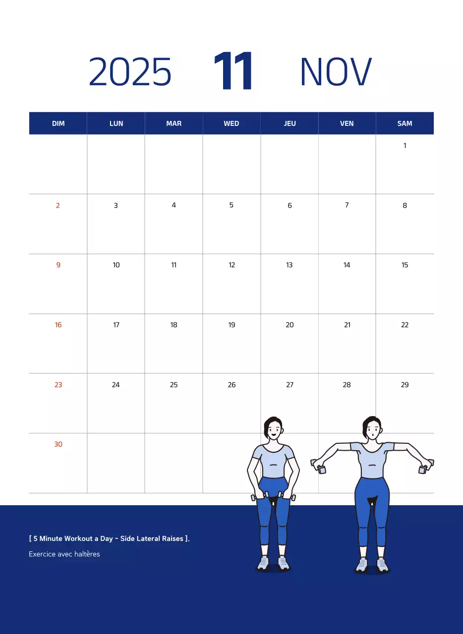 Calendrier simple avec des illustrations bleues et épurées