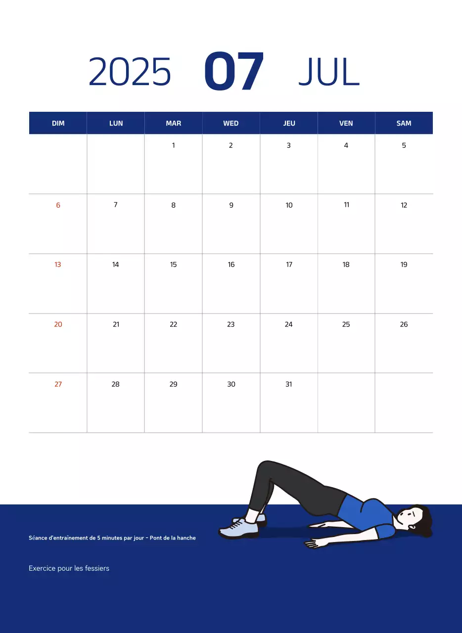 Calendrier simple avec des illustrations bleues et épurées