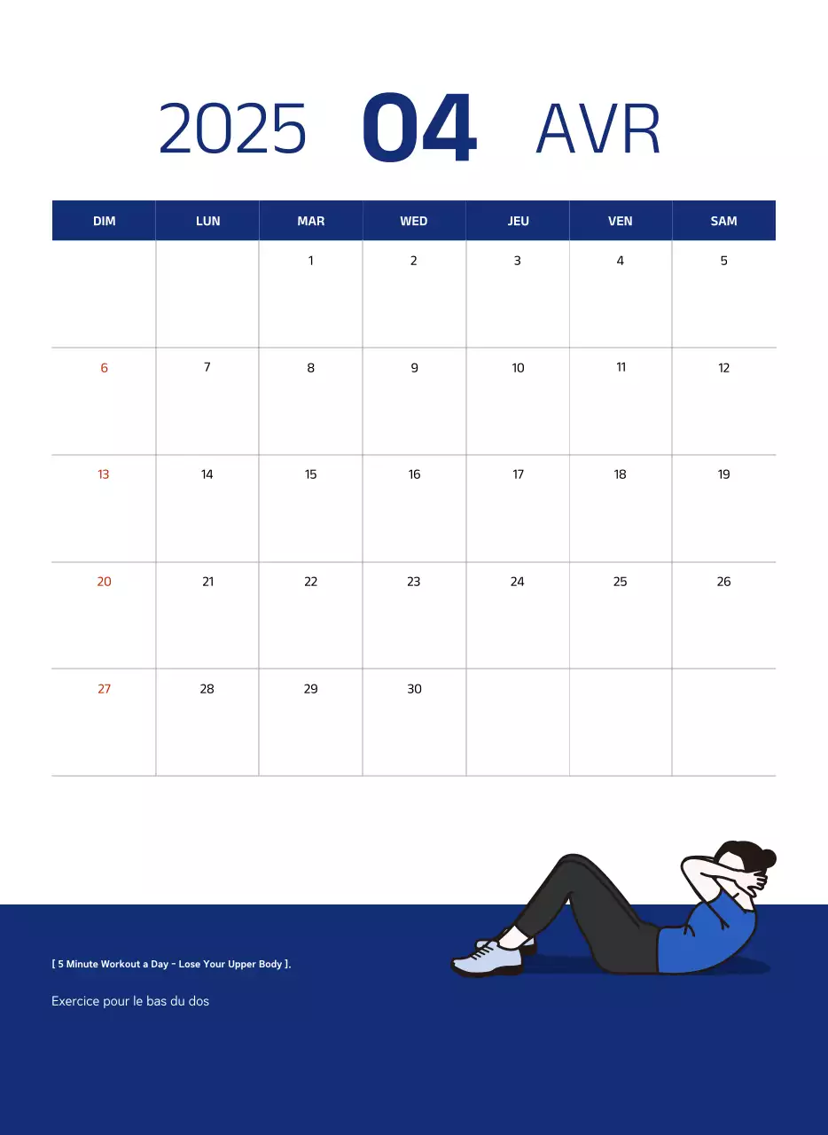 Calendrier simple avec des illustrations bleues et épurées