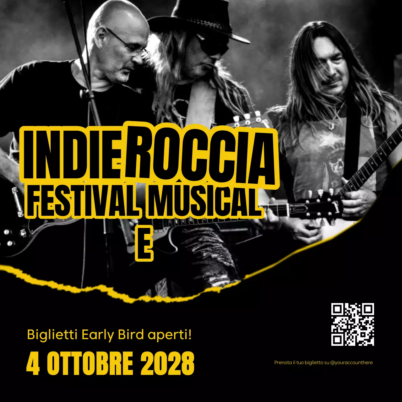 Post Instagram di un evento musicale rock moderno in grassetto nero e giallo