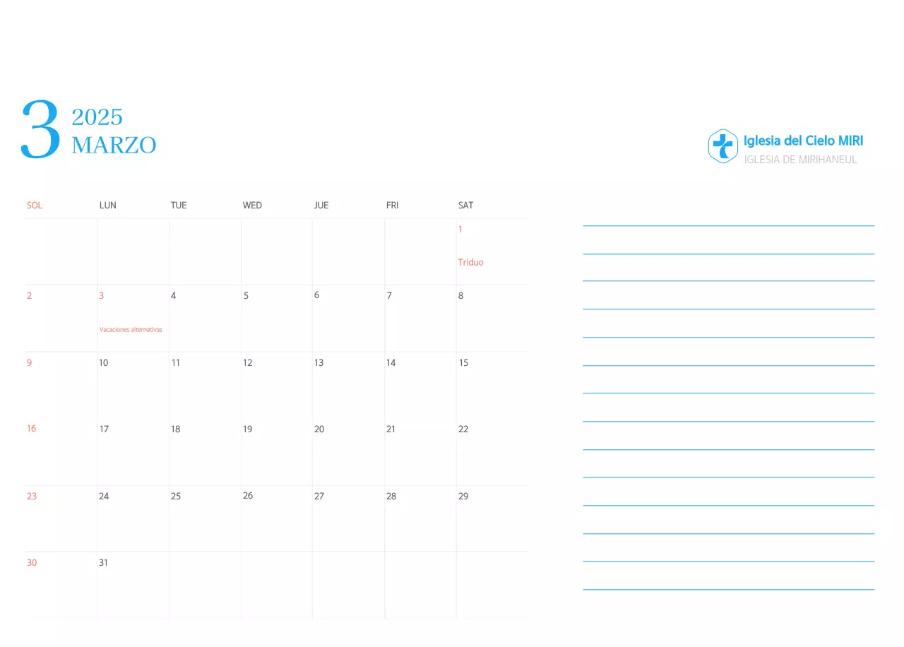 Calendario eclesiástico azul de concepto moderno