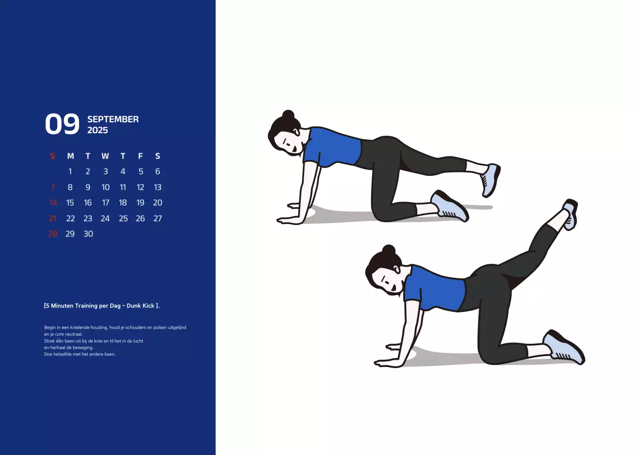 Eenvoudige kalender met blauwe, strakke illustraties