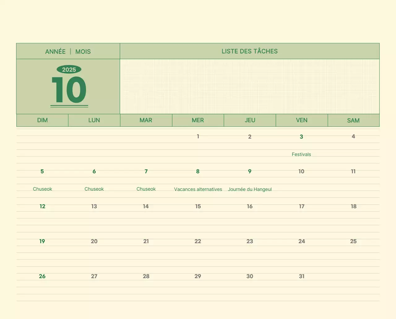 Calendrier mural SAT D-Day concept notepad en vert et jaune clair