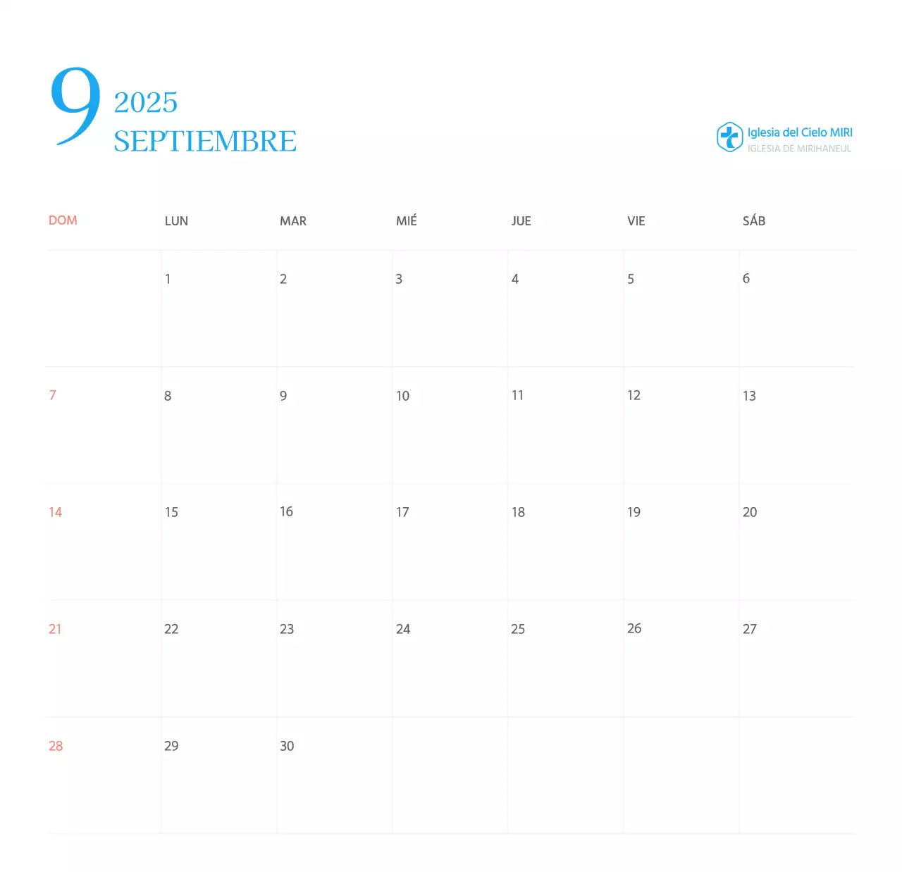 Calendario eclesiástico azul de concepto moderno