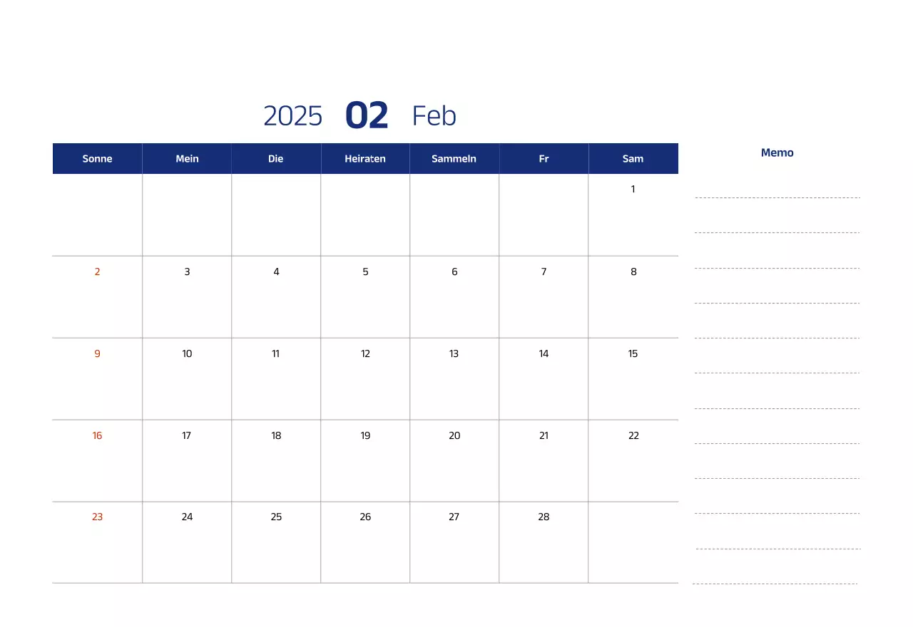 Einfacher Kalender mit blauen, klaren Illustrationen