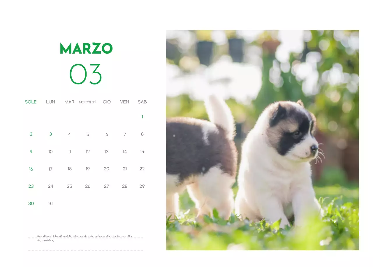 Un calendario con la foto di un cucciolo e un simpatico messaggio in colore verde.