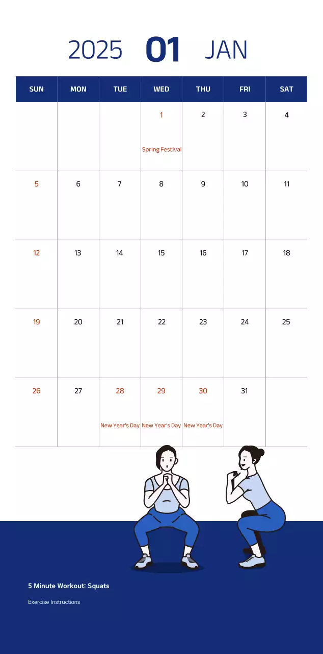 Lịch đơn giản với hình minh họa màu xanh gọn gàng