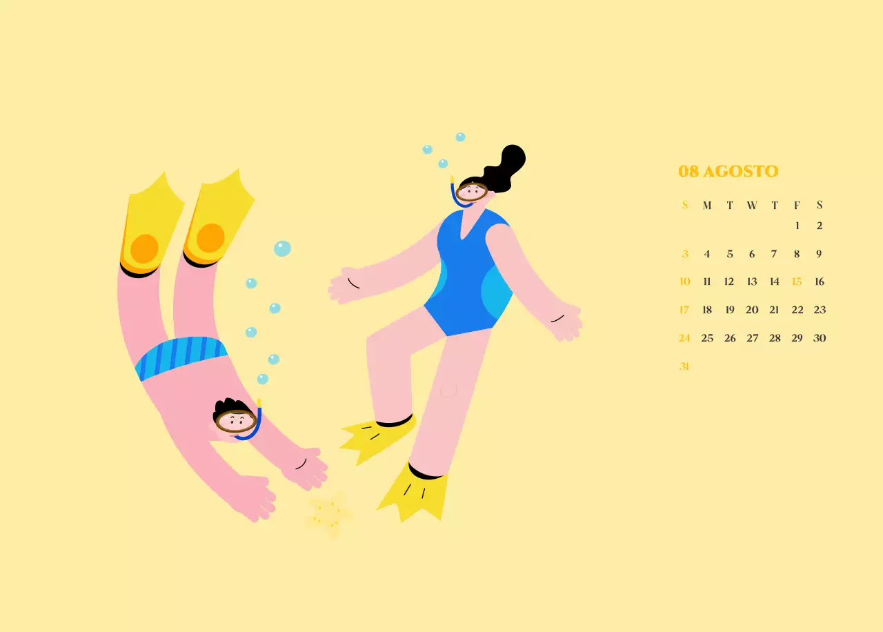Calendario con illustrazioni giovanili su sfondo giallo-verde