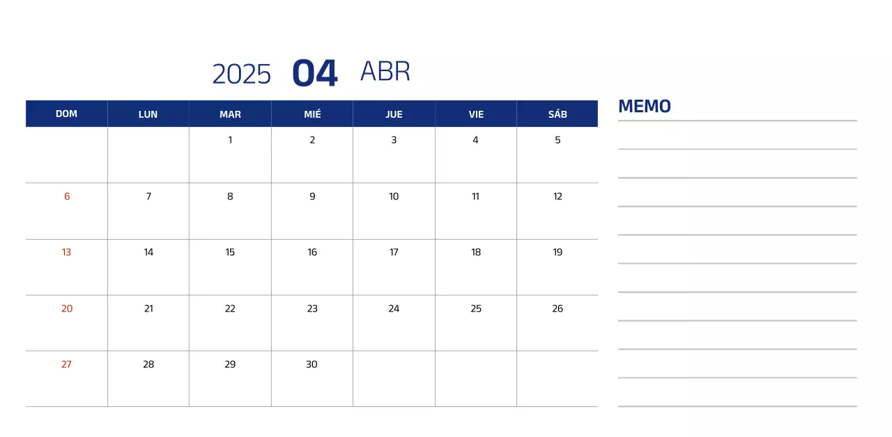 Calendario sencillo con ilustraciones azules y limpias