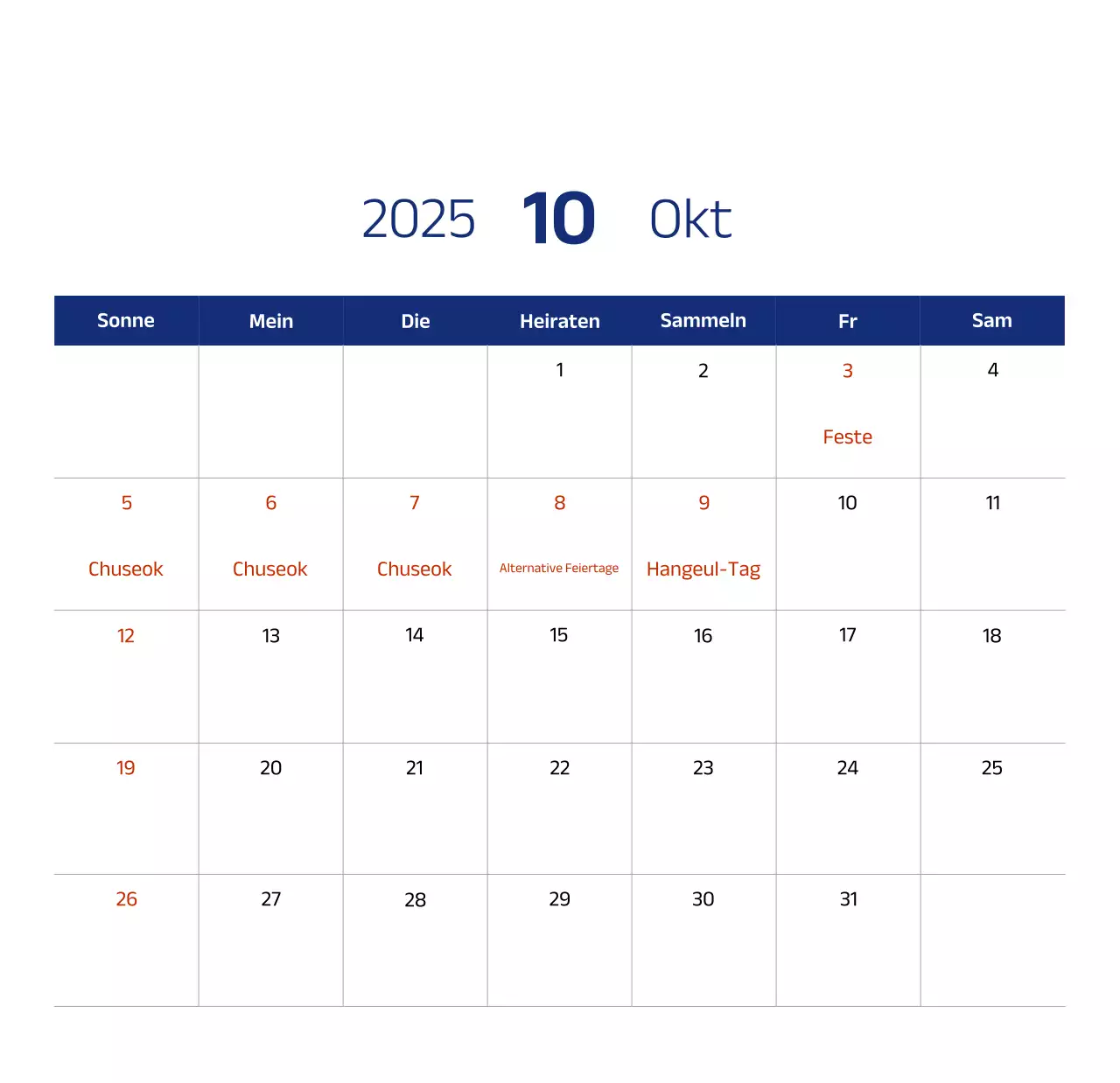 Einfacher Kalender mit blauen, klaren Illustrationen