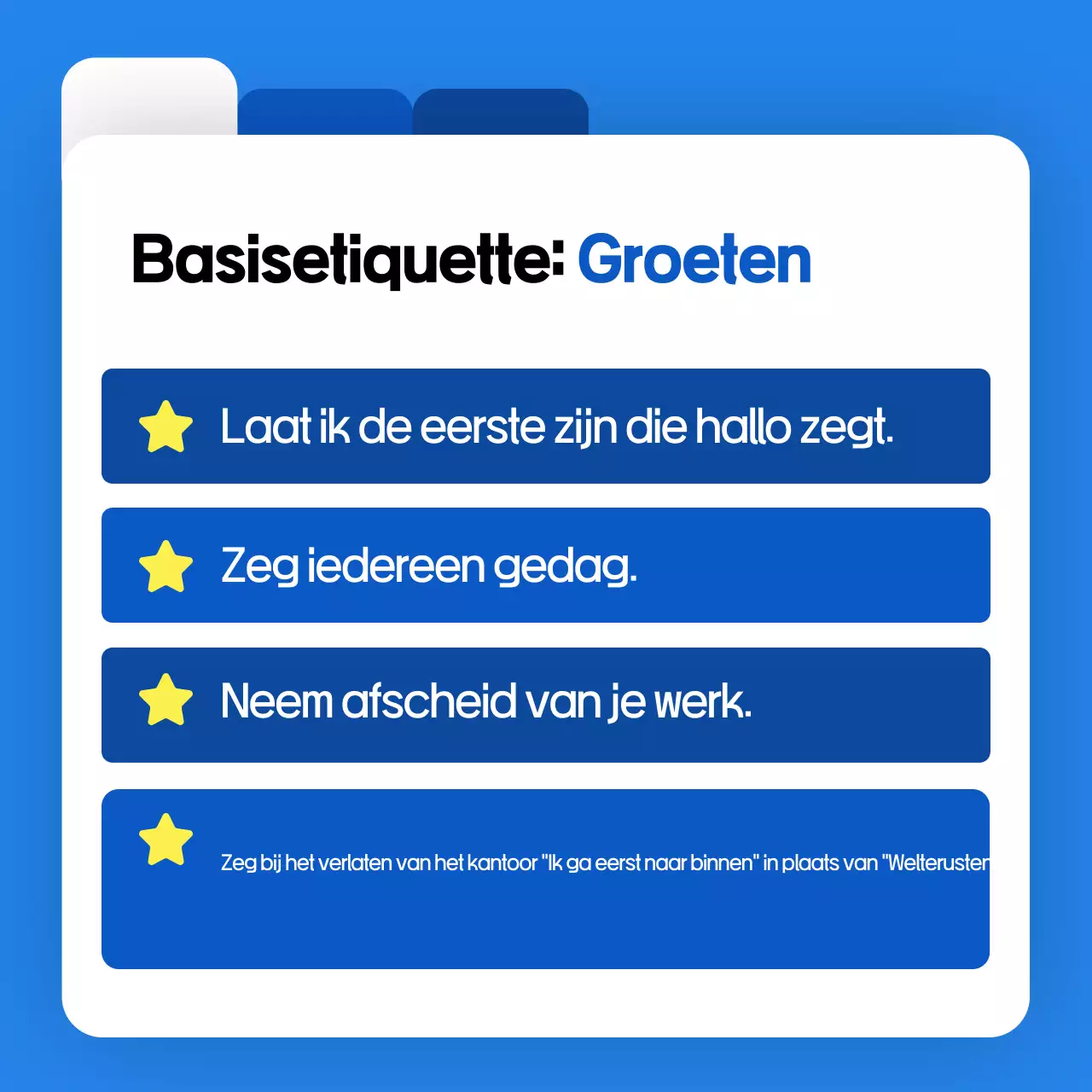 Traininghulpmiddelen voor blauwe moderne omgangsvormen op de werkplek