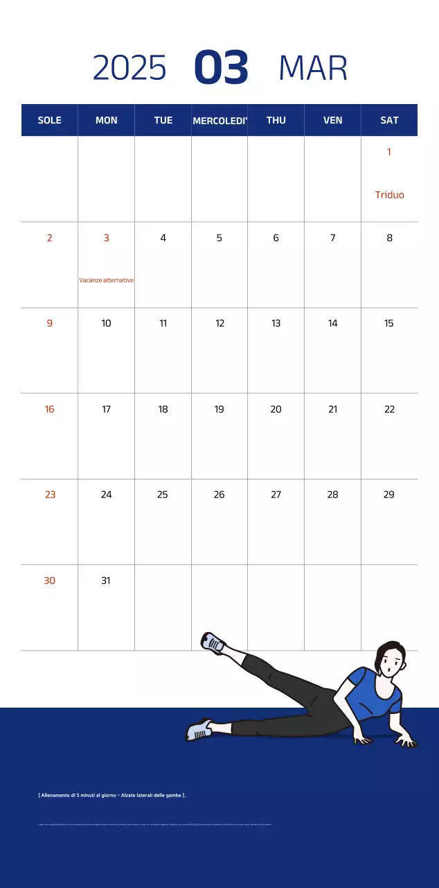 Calendario semplice con illustrazioni blu e pulite