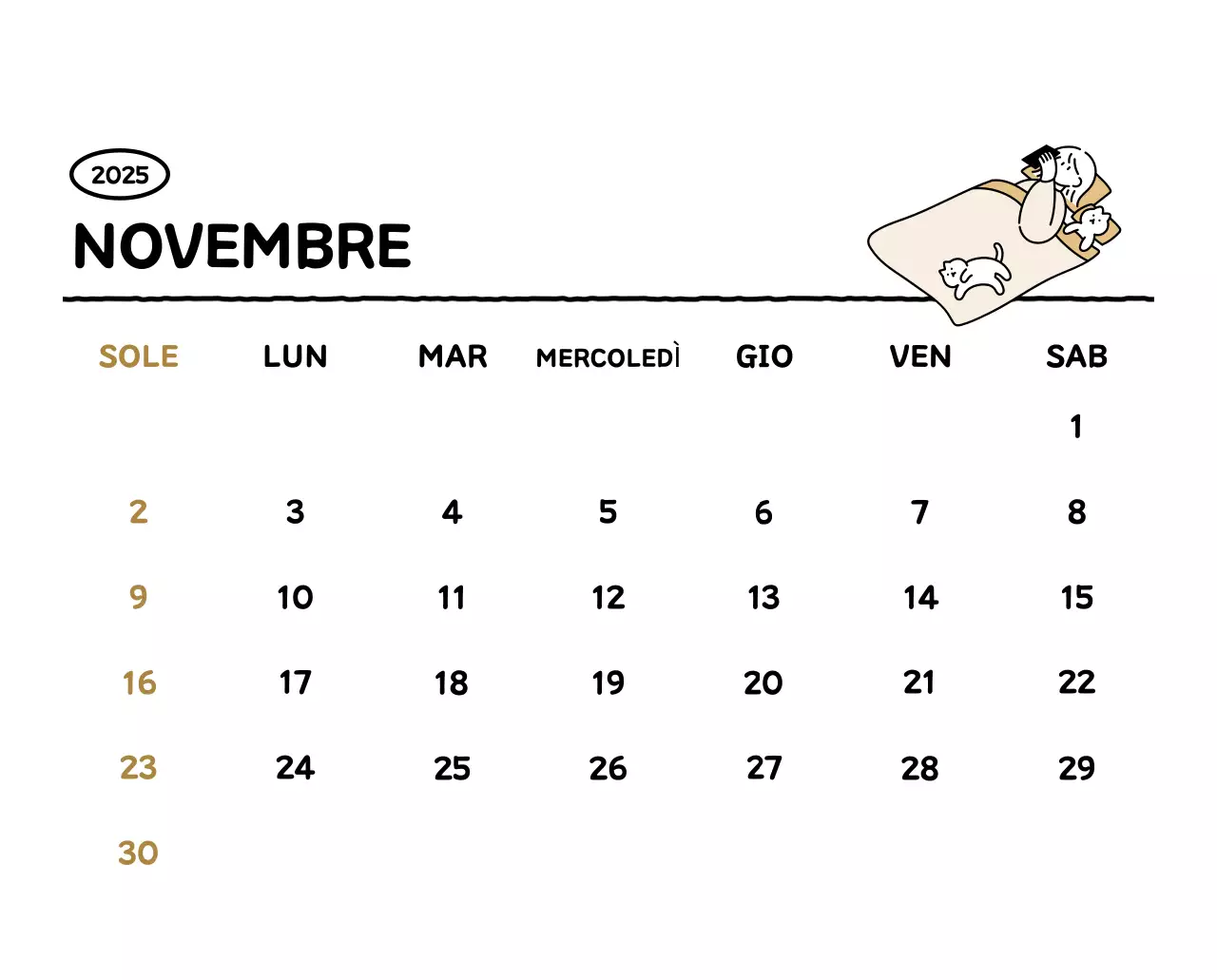 Calendario illustrato con un grazioso stile di linee