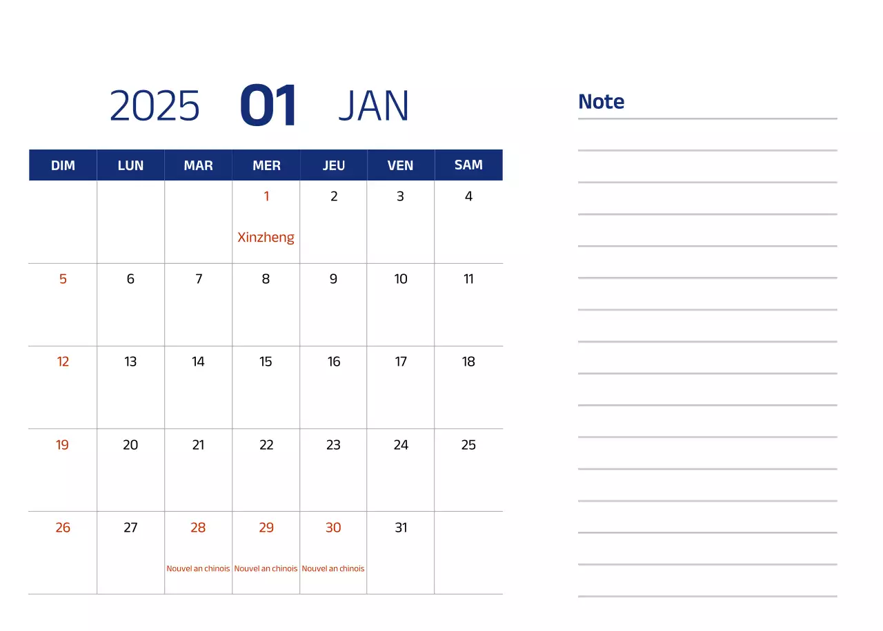 Calendrier simple avec des illustrations bleues et épurées