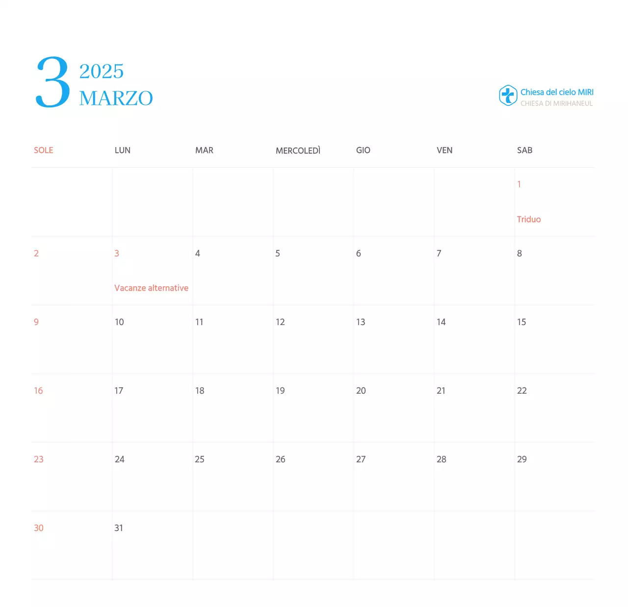 Calendario ecclesiastico blu di concezione moderna