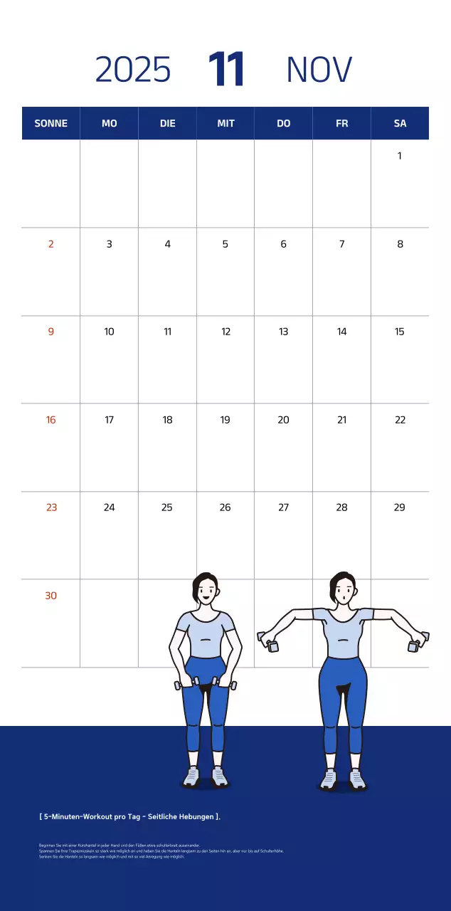 Einfacher Kalender mit blauen, klaren Illustrationen