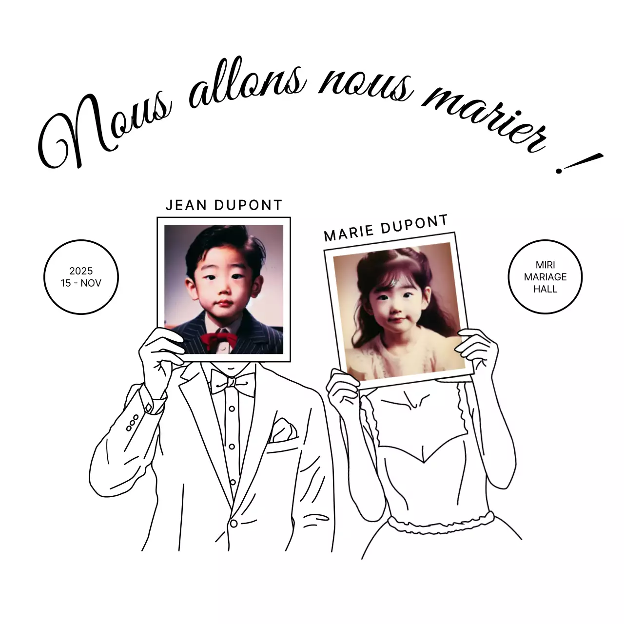 Photo d'enfance invitation de mariage simple en noir