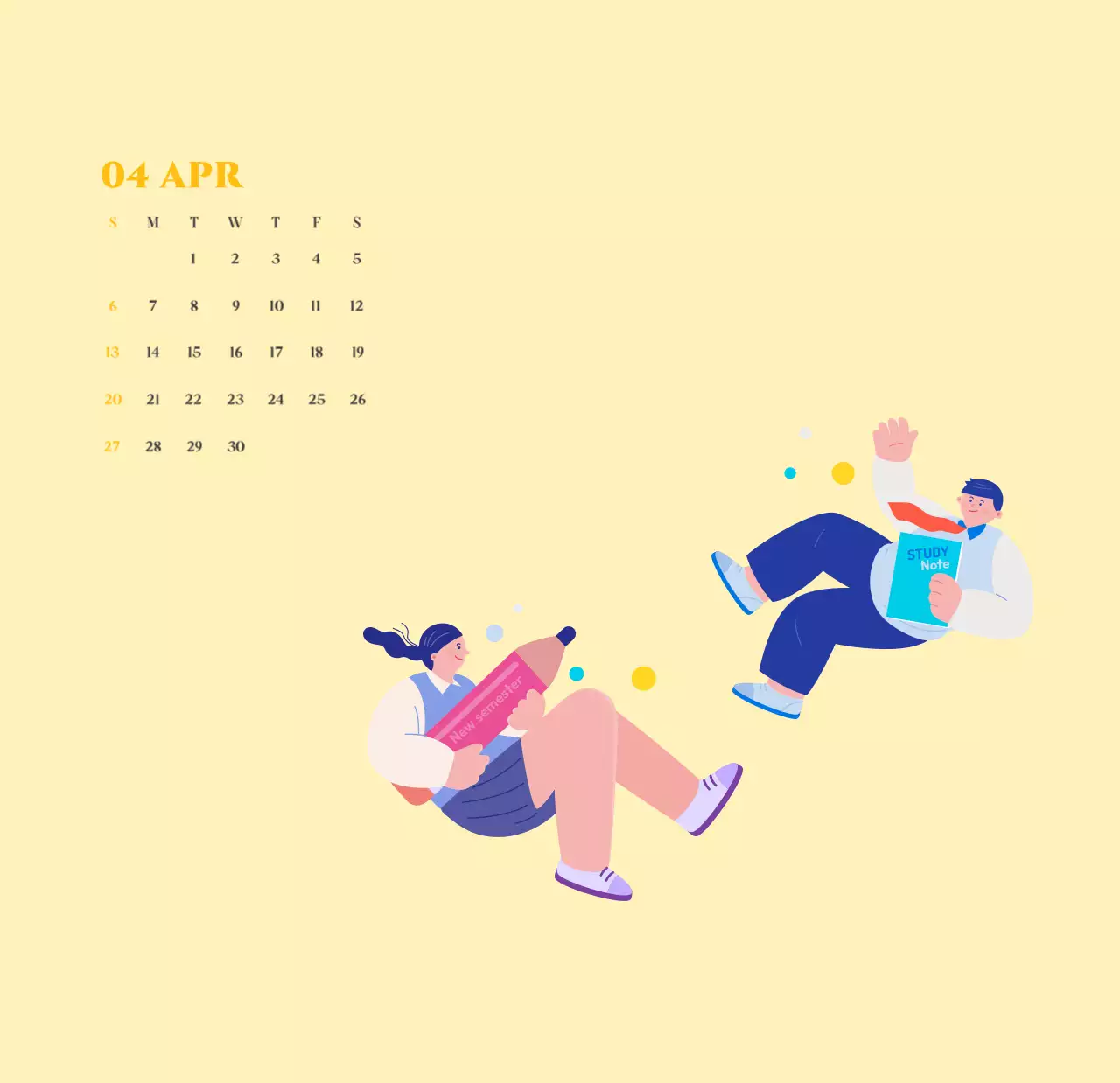 Kalender mit Jugendillustrationen auf gelb-grünem Hintergrund