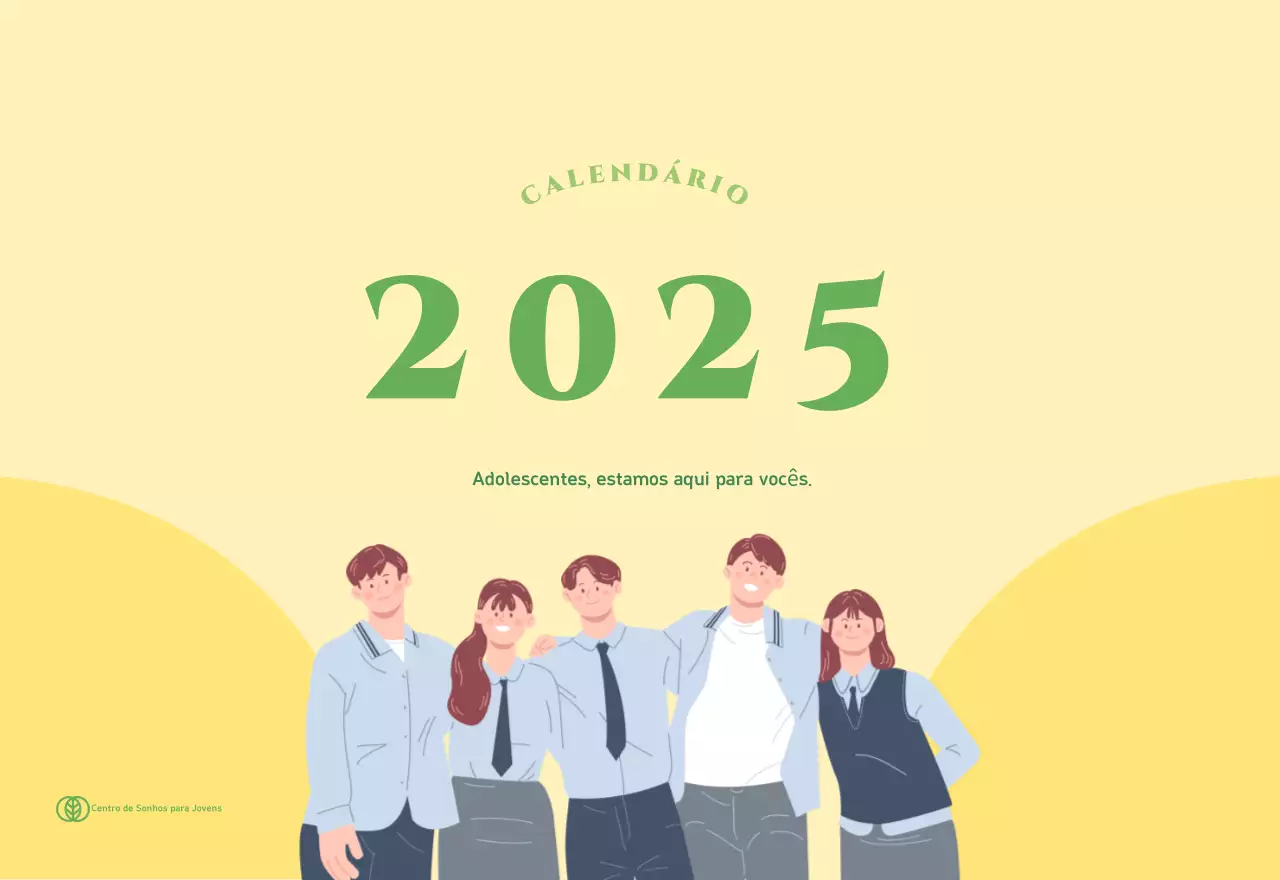 Calendário com ilustrações de jovens num fundo amarelo-verde