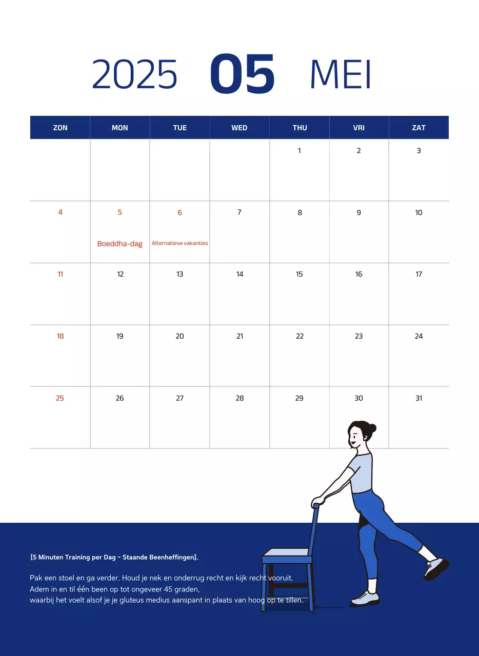 Eenvoudige kalender met blauwe, strakke illustraties