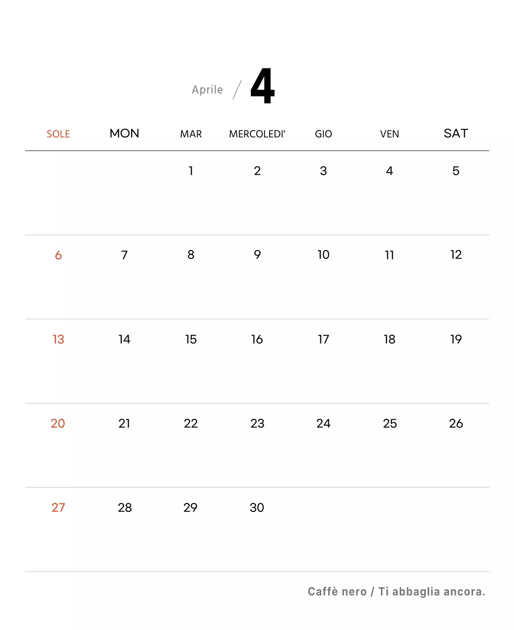 Semplice calendario da tavolo con foto di caffè per bar nei toni del bianco