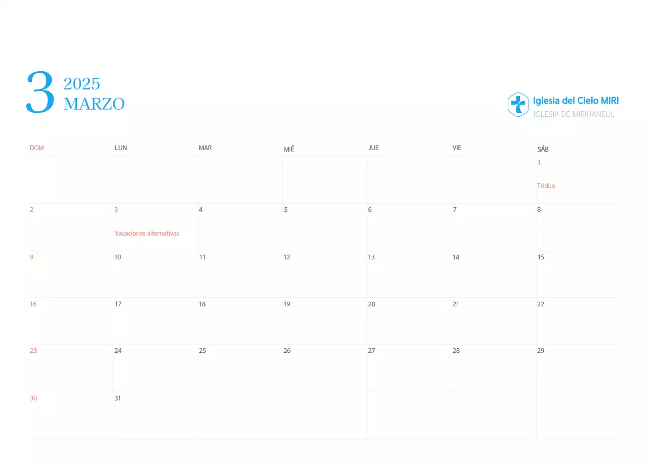 Calendario eclesiástico azul de concepto moderno