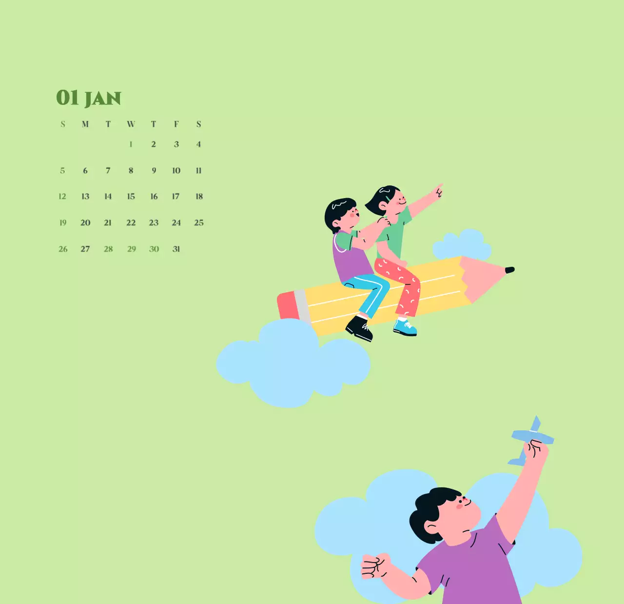 Calendrier avec illustrations de jeunes sur fond jaune-vert