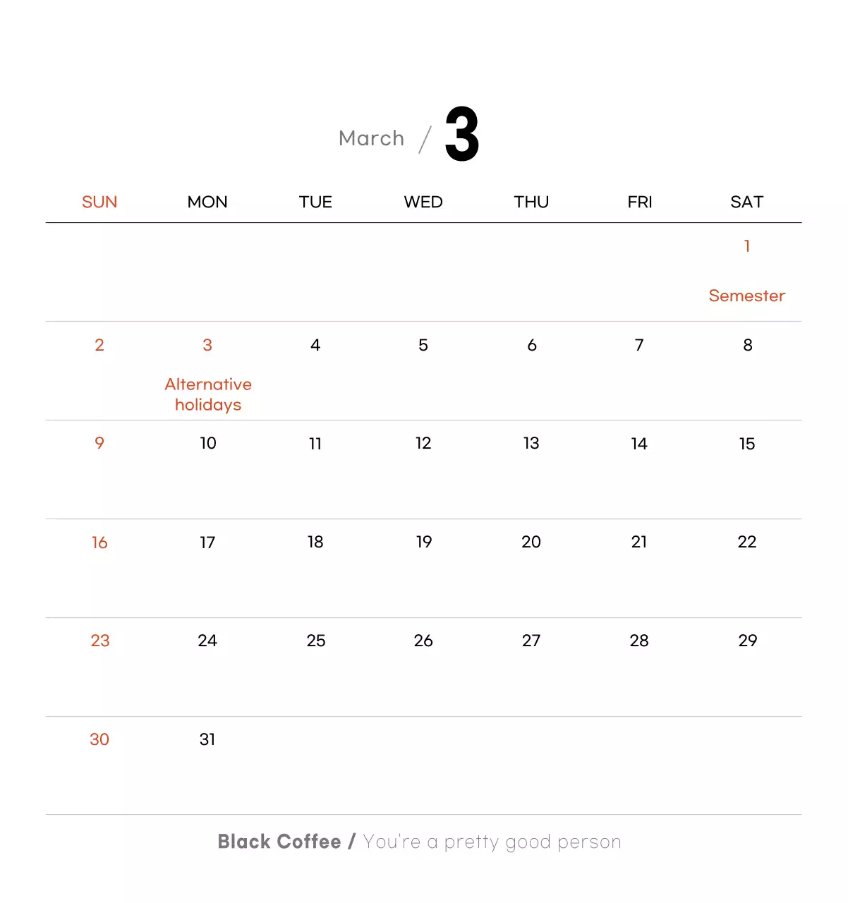 Minimalist coffee calendar