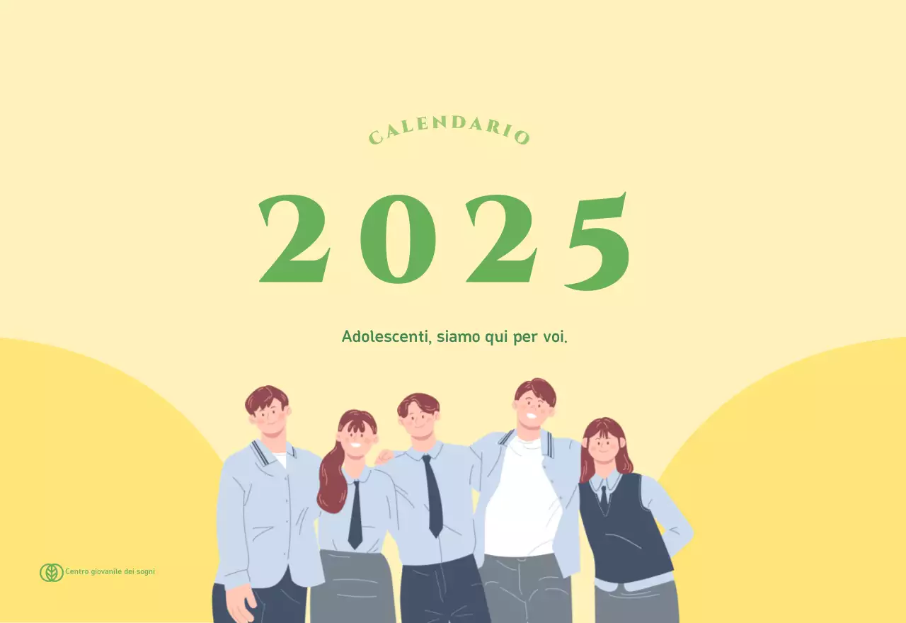 Calendario con illustrazioni giovanili su sfondo giallo-verde