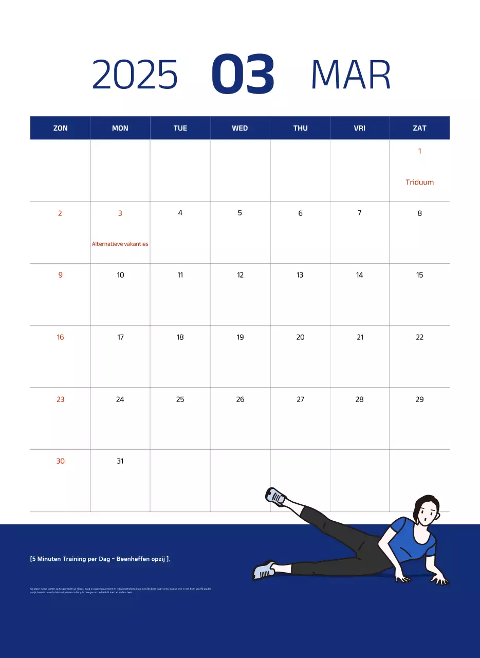 Eenvoudige kalender met blauwe, strakke illustraties