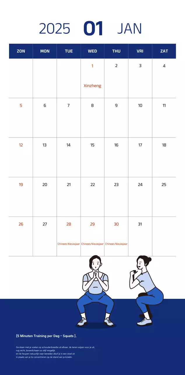 Eenvoudige kalender met blauwe, strakke illustraties