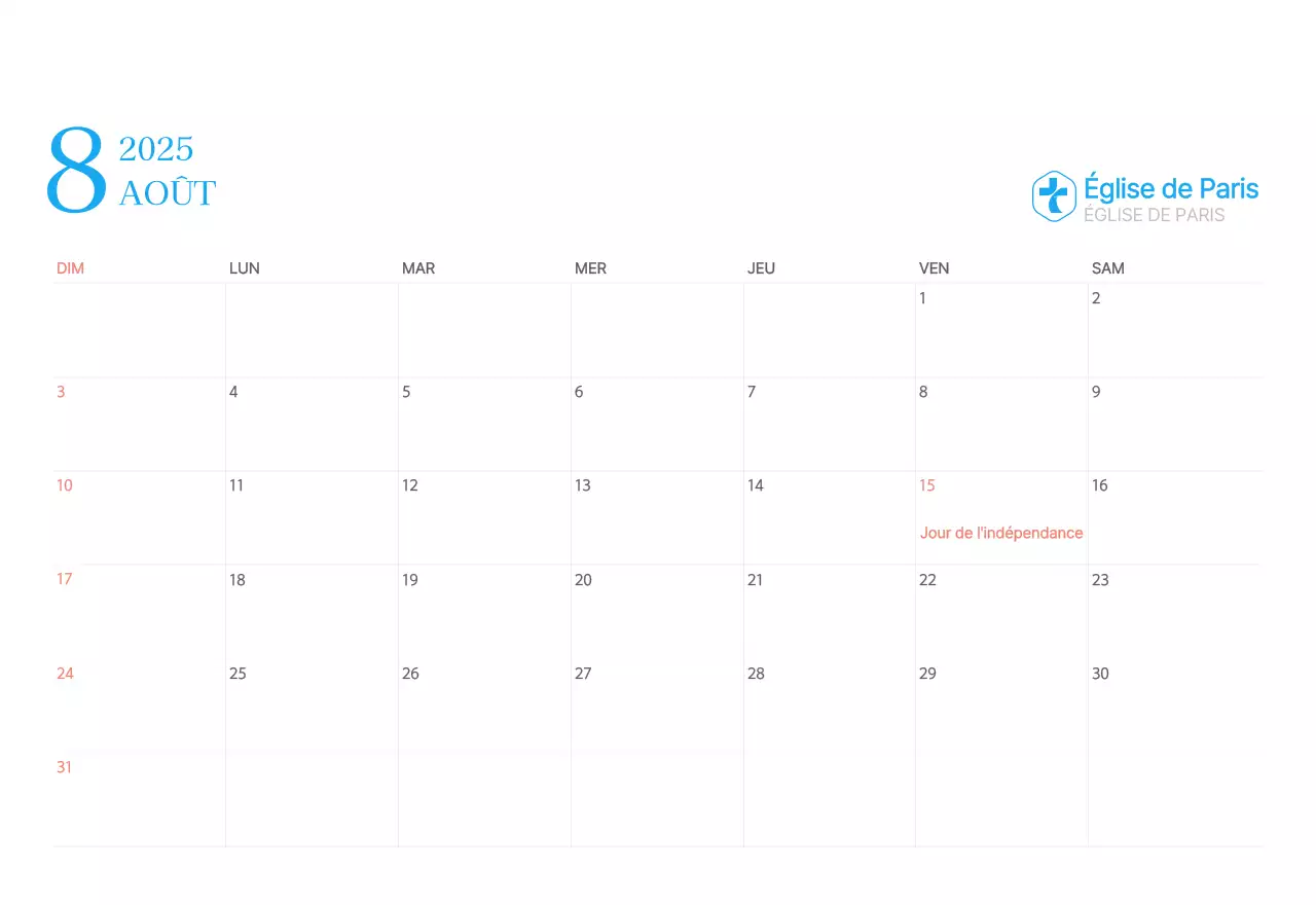 Calendrier d'église moderne bleu