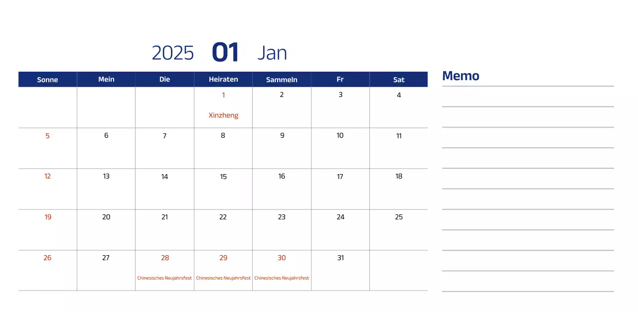 Einfacher Kalender mit blauen, klaren Illustrationen