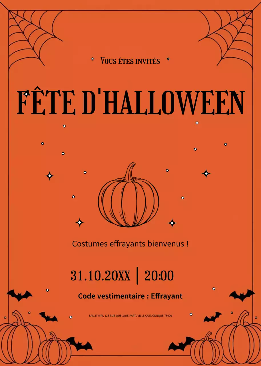 Invitation à une fête d'Halloween en orange et noir, style minimal