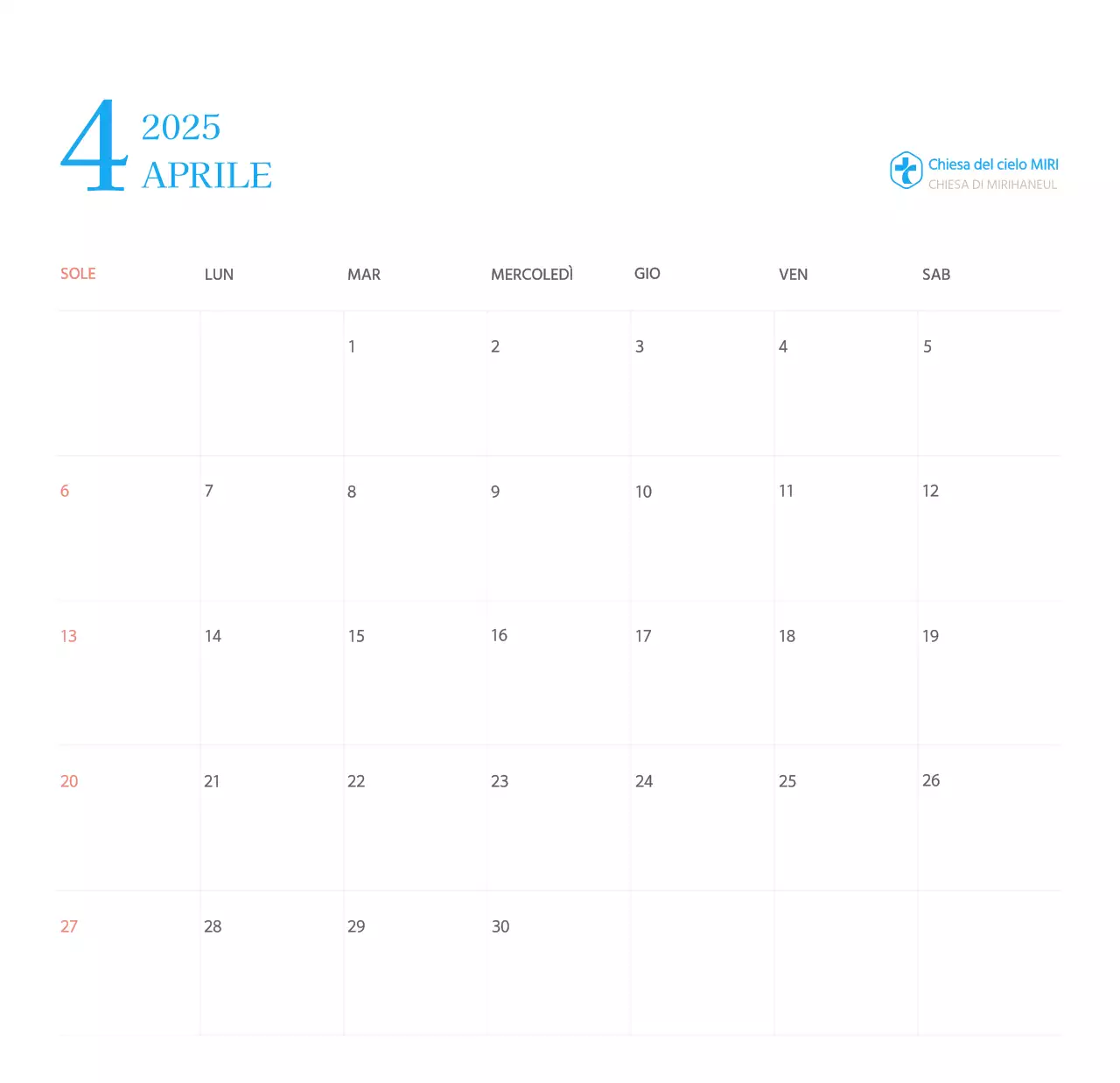 Calendario ecclesiastico blu di concezione moderna