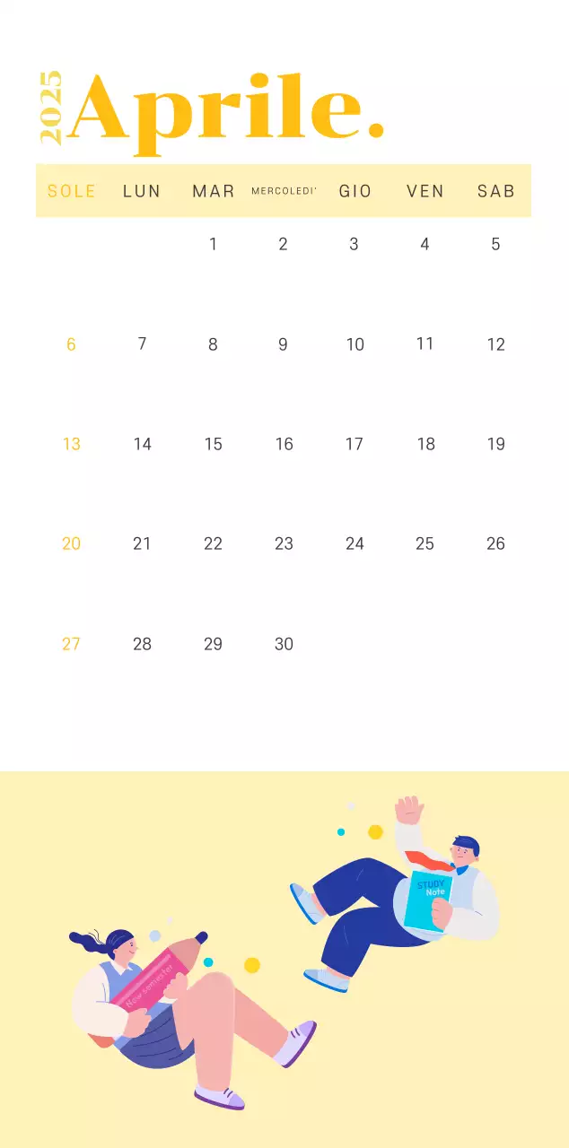 Calendario con illustrazioni giovanili su sfondo giallo-verde