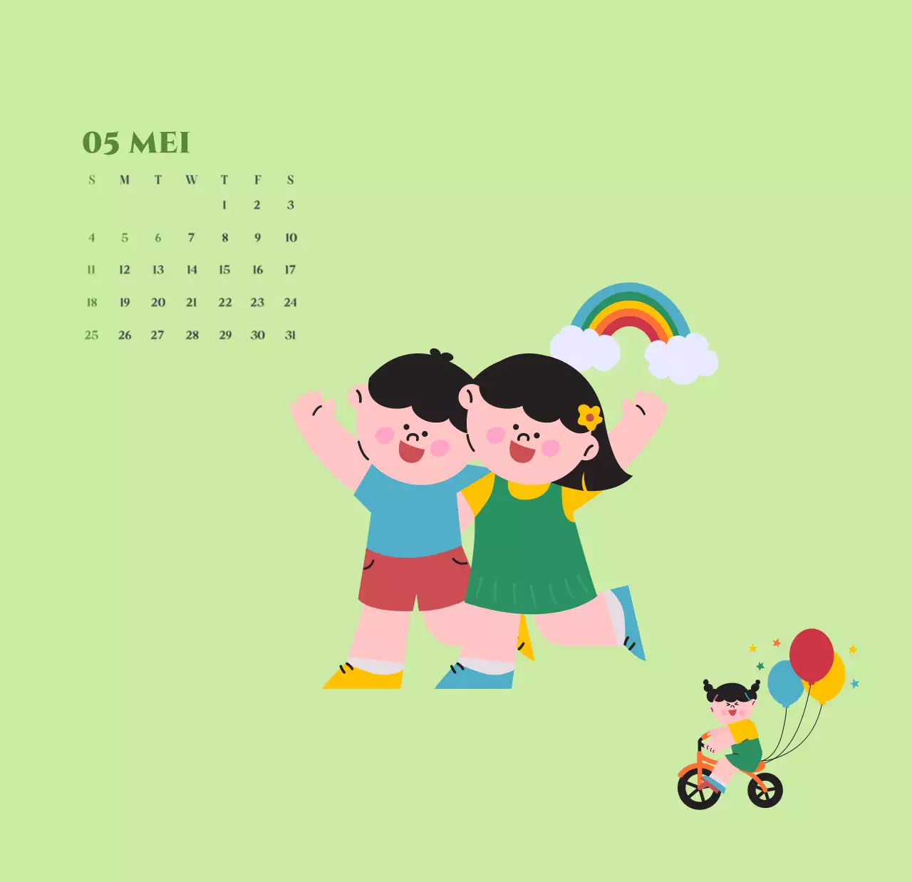 Kalender met jeugdillustraties op een geelgroene achtergrond