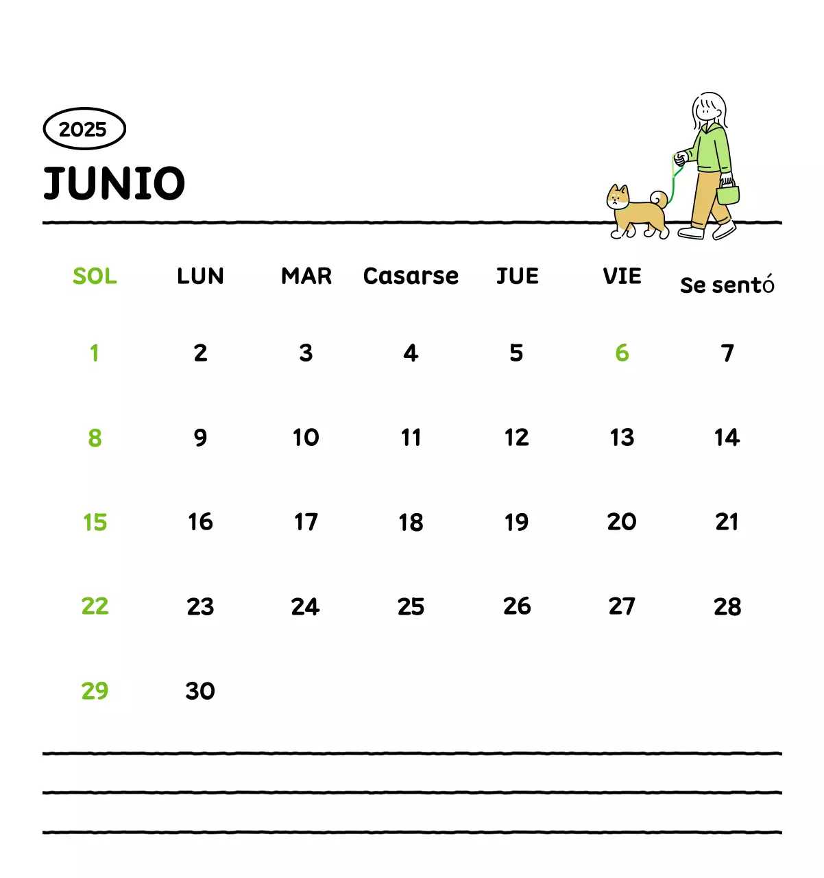 Calendario ilustrado con un bonito estilo de líneas