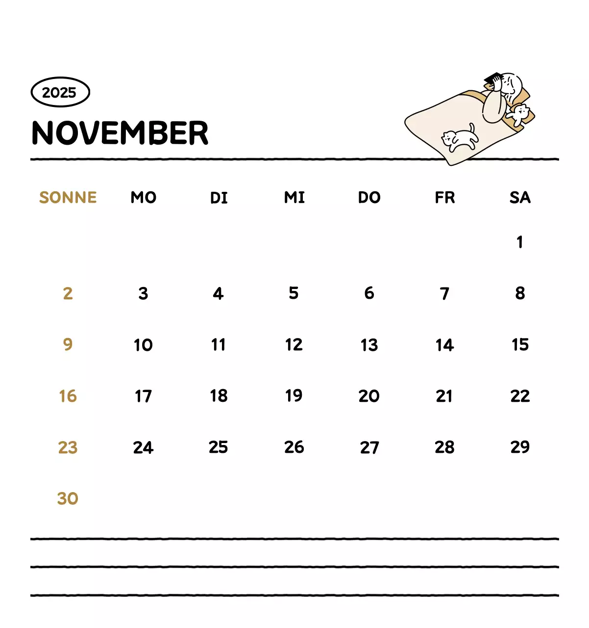Illustrierter Kalender mit schönem Linienstil