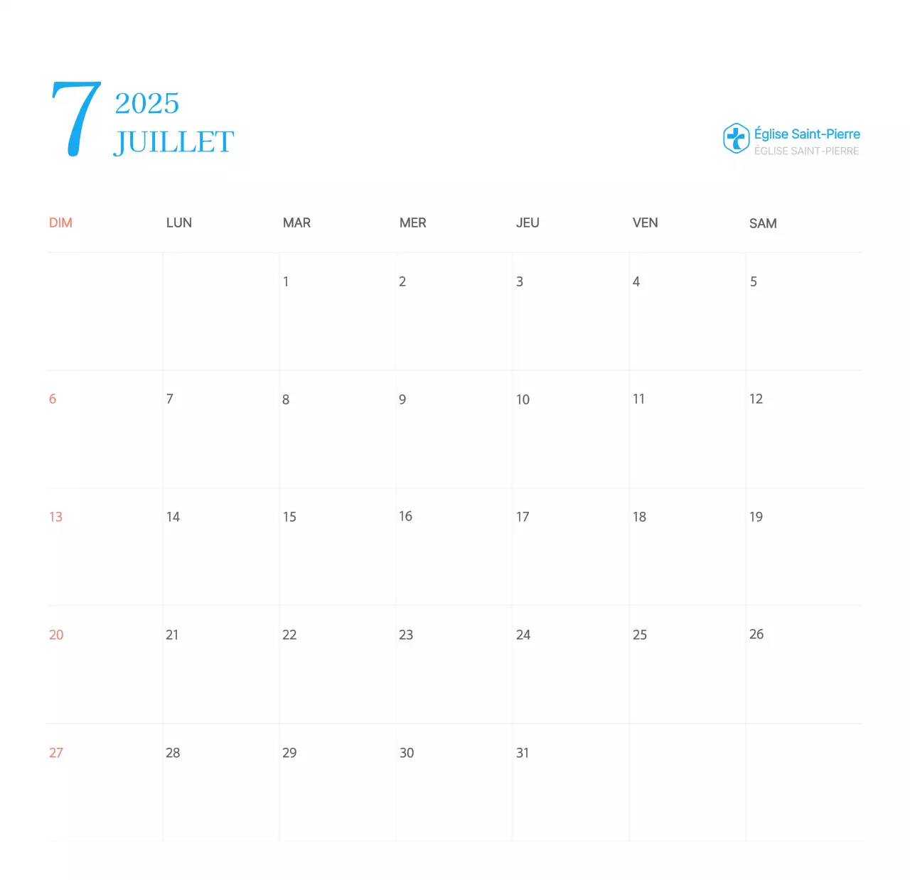 Calendrier d'église moderne bleu