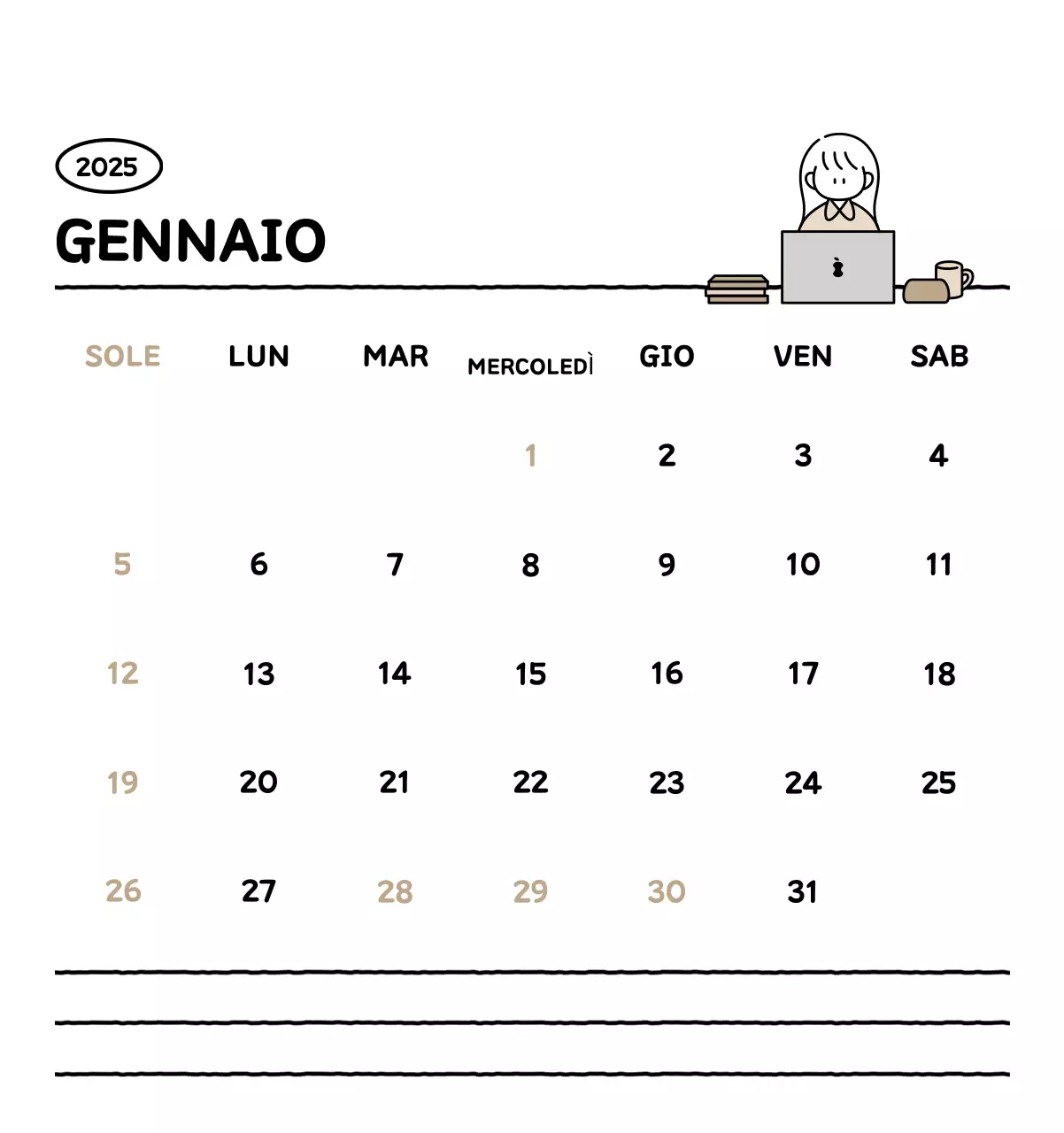 Calendario illustrato con un grazioso stile di linee