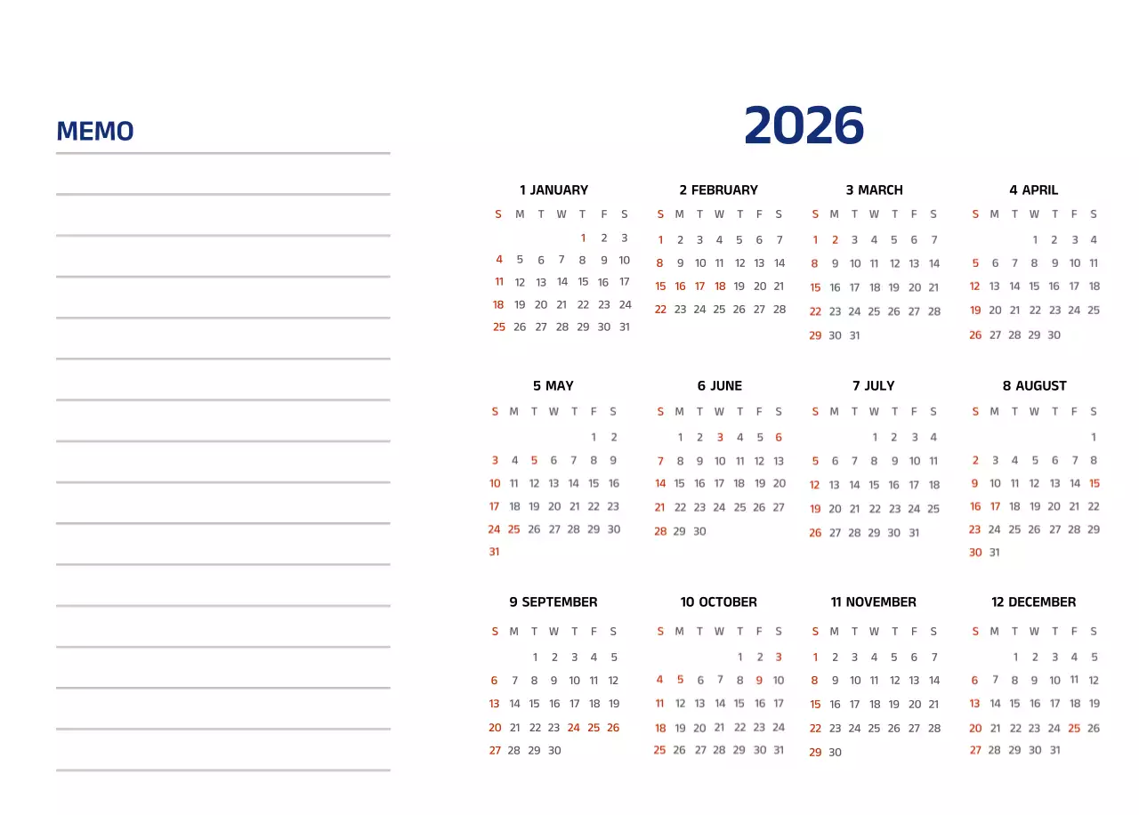 Simple calendar with blue, clean illustrations